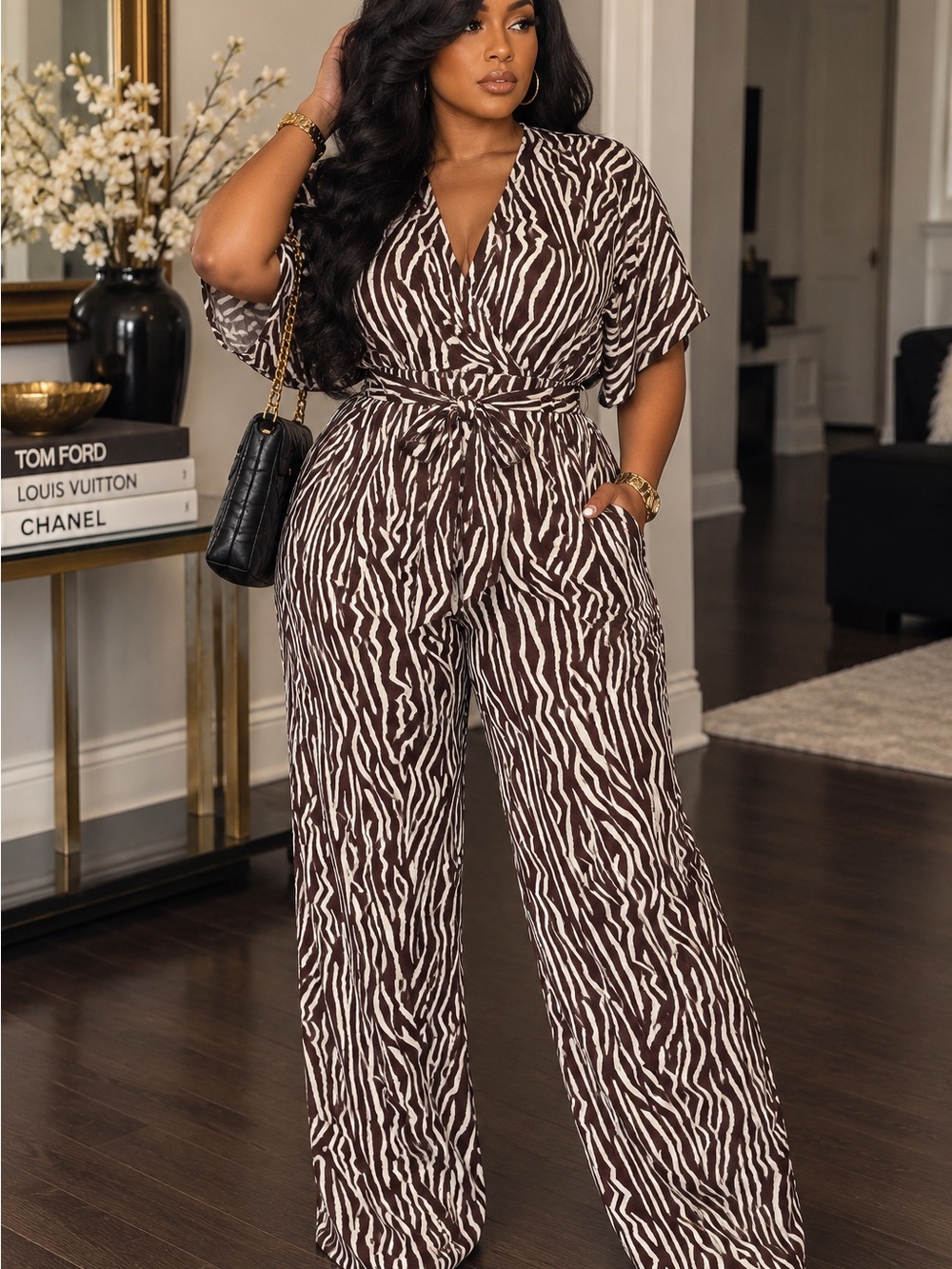 Posh Brown & Cream Zebra-Print Wrap Jumpsuit